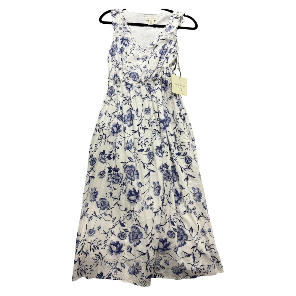 Cynthia Rowley 6 Womens White Blue Floral Midi Dress NWT Cottagecore Coastal